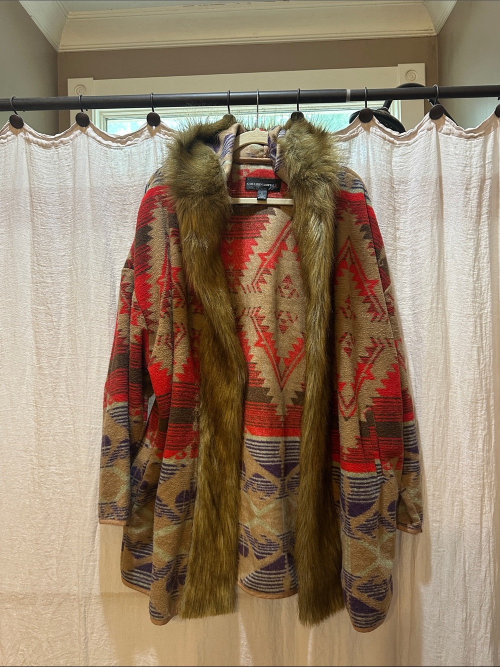 Colleen Lopez Red & Brown Southwest Teddy Jacket with Faux Fur Trim